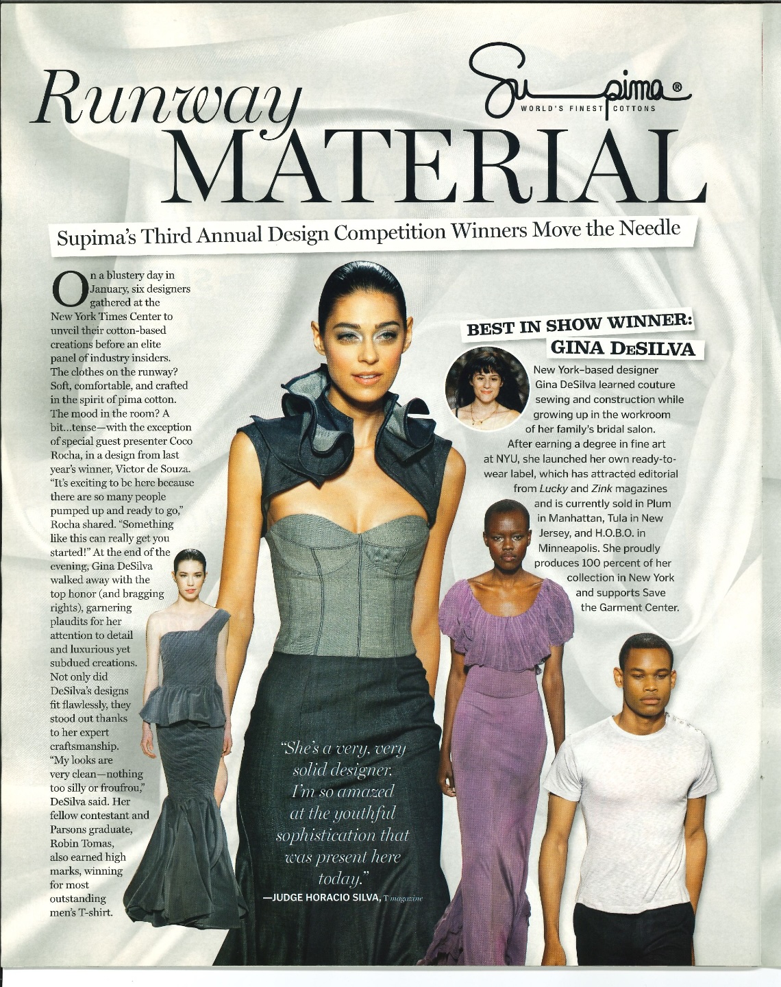Fashion magazine article titled Runway Material featuring models wearing cotton-based outfits.